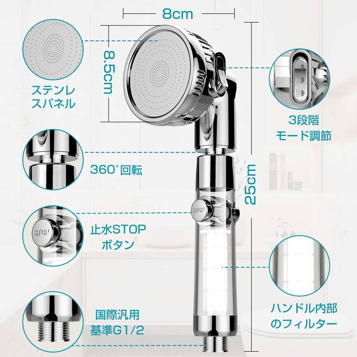 【送料無料】シャワーヘッド 80%節水 強力増圧 極細水流 3段階吐水モード 360°回転 K/M/G/Tジョイント対応 （コットフィルター4枚入り）_画像5