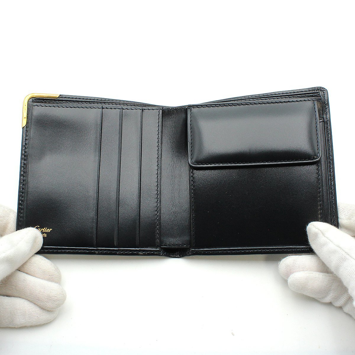 *C2055 unused Cartier sapphire line leather folding twice purse L3000154 dark navy × Gold metal fittings Cartier men's *