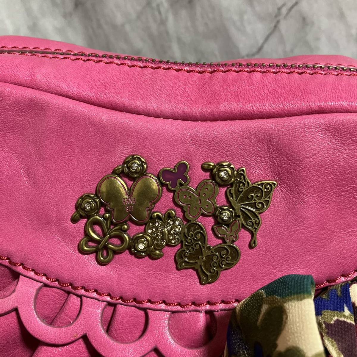 [ws3305] unused ANNA SUI Anna Sui cow leather ribbon attaching shoulder bag handbag chain pink 