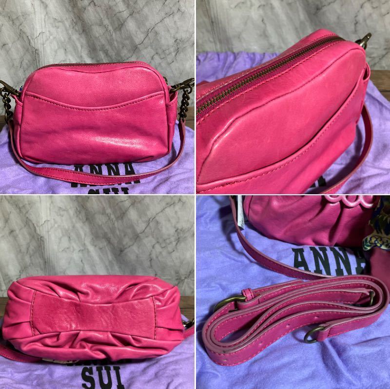 [ws3305] unused ANNA SUI Anna Sui cow leather ribbon attaching shoulder bag handbag chain pink 