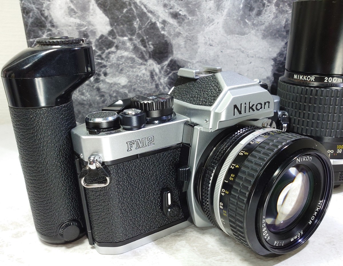 【終活整理】Nikon NEW FM2＋Ai NIKKOR 50mm f1.4＋200mm f4 単焦点2本セット＋モータードライブMD-12 各動作良好 露出計OK 光学連写OK _画像2