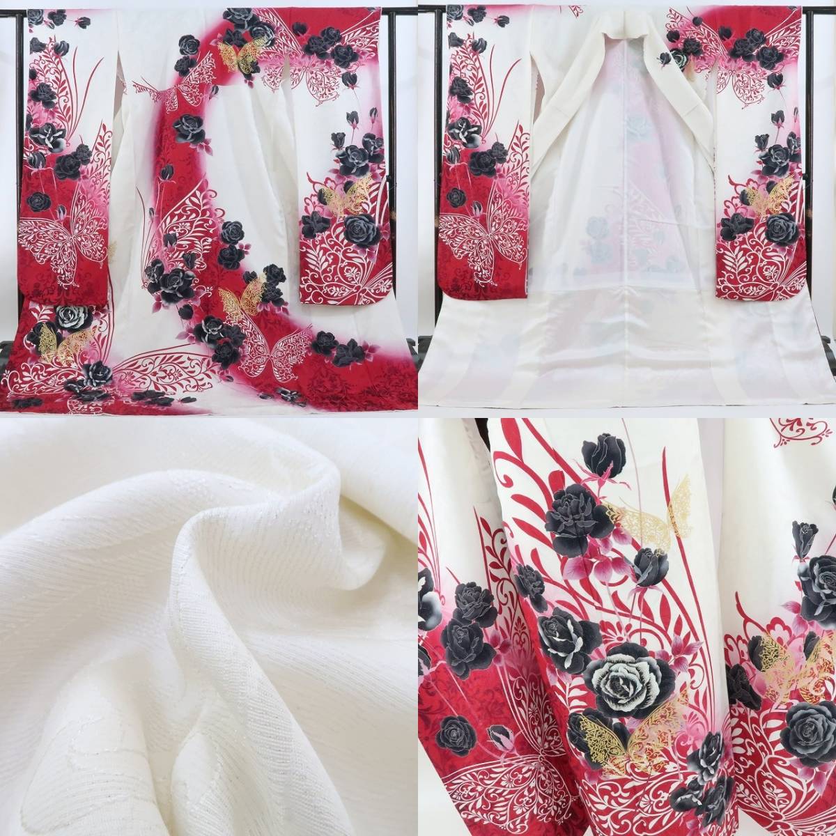 yu.saku2 beautiful goods 6 point set rose silver through . coming-of-age ceremony kimono * white × red. clear weather ... rose . butterfly ~ long-sleeved kimono * long kimono-like garment * double-woven obi * small articles 2494