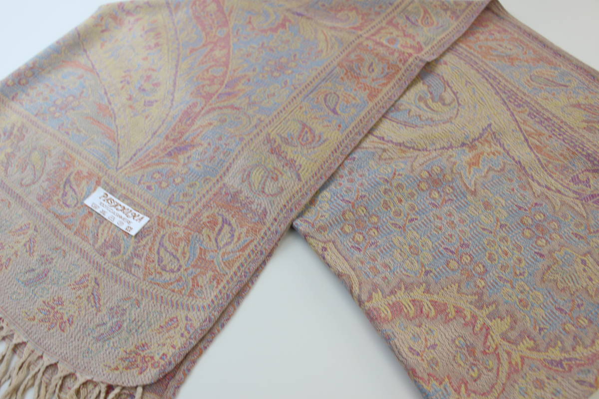 新品【Pashmina パシュミナ】ペイズリー柄 大判 ストール 春色 BEIGE ベージュ系 Cashmere カシミア100%_画像4