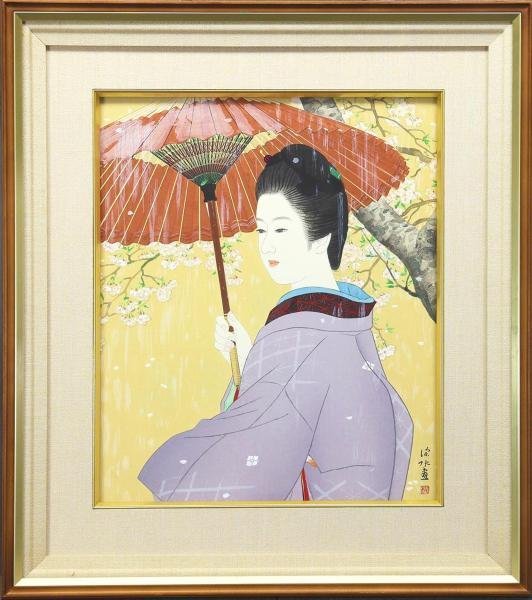 高質で安価 伊東深水「春雨」手擦り木版画 モモセ版 絵画 版画 額装