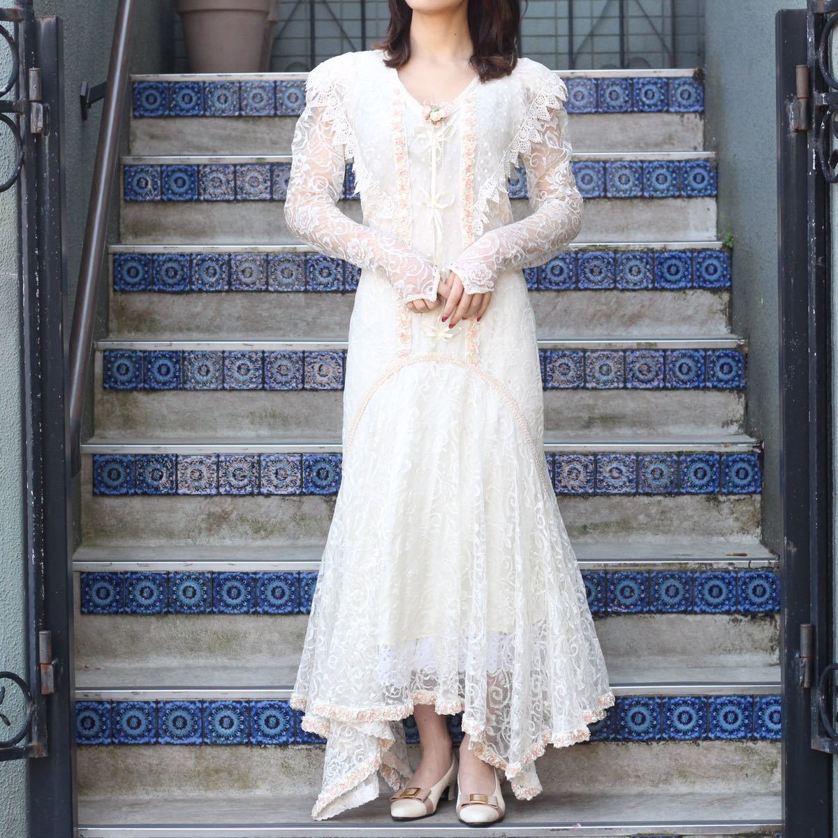 SPECIAL ITEM 70´s USA VINTAGE FLOWER PATTERNED LACE DRESS ONE
