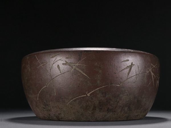 【瓏】老紫砂彫 竹節紋水洗 在銘 清時代 中国陶磁器 古賞物 中国古玩 蔵出