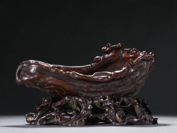 【瓏】老沈香の木彫 船形擺件 清時代 極細工 手彫り 置物 擺件 中国古美術 蔵出