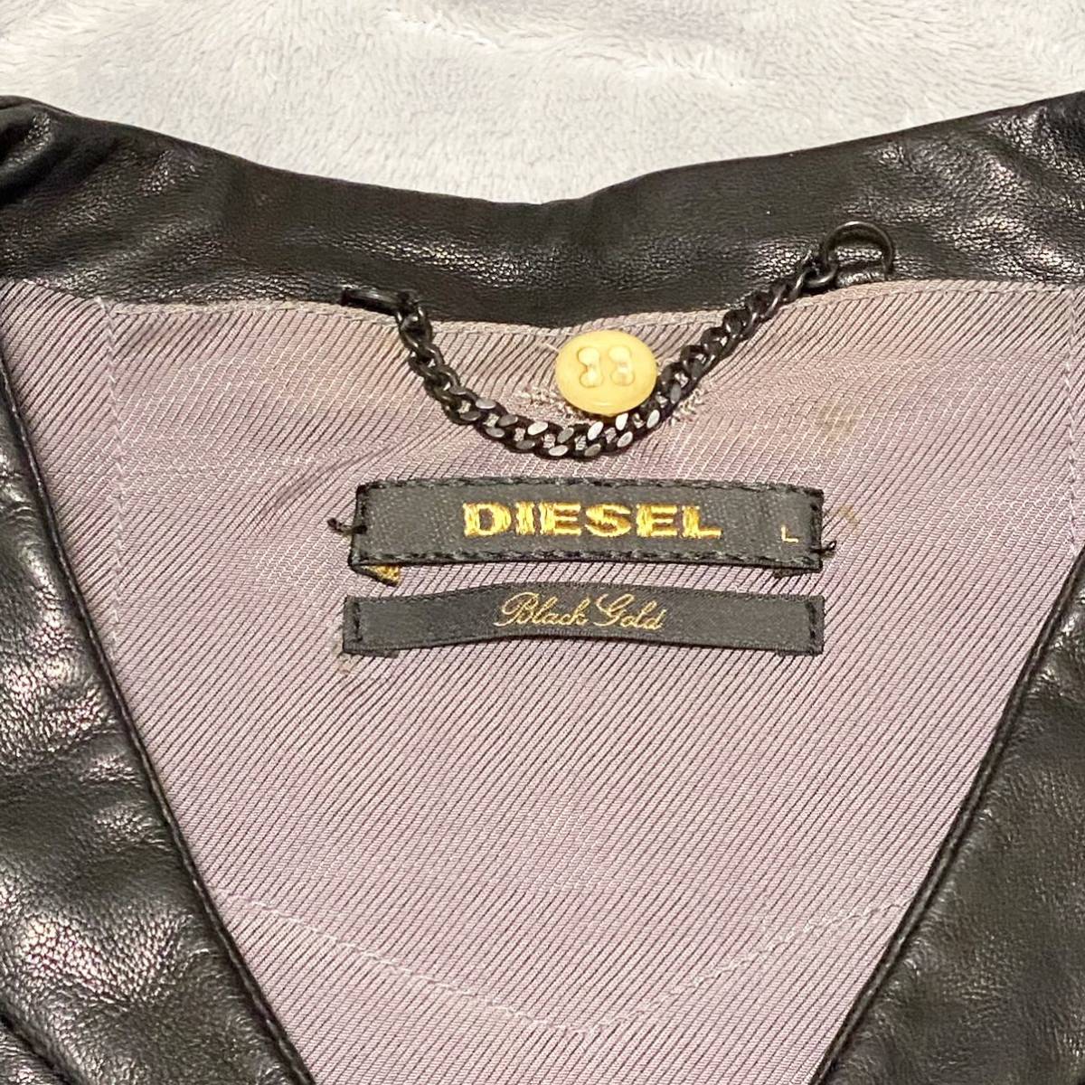 【最高級ライン Lサイズ】DIESEL BLACK GOLDディーゼルブラックゴールド ラムレザー ジャケット ノーカラーライダース 羊革 黒 ニット切替_画像6