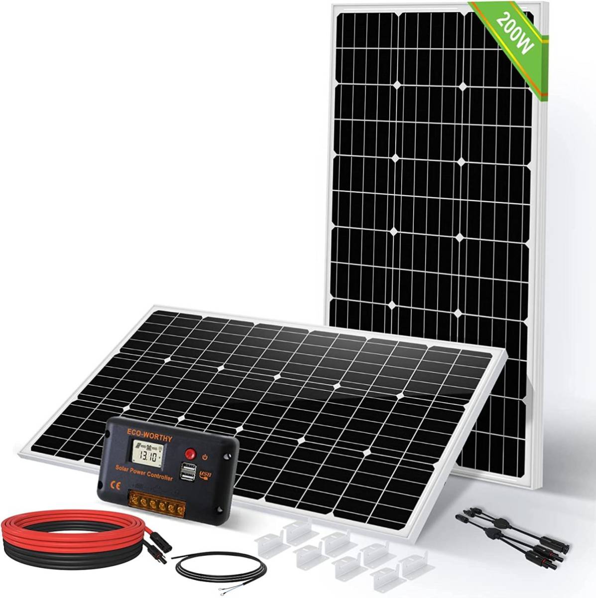 ECO-WORTHY 200W ソーラーパネル キット 100W 単結晶ソーラーパネル*2枚 + 10m ソーラーケーブル(5m 赤・5m 黒)+