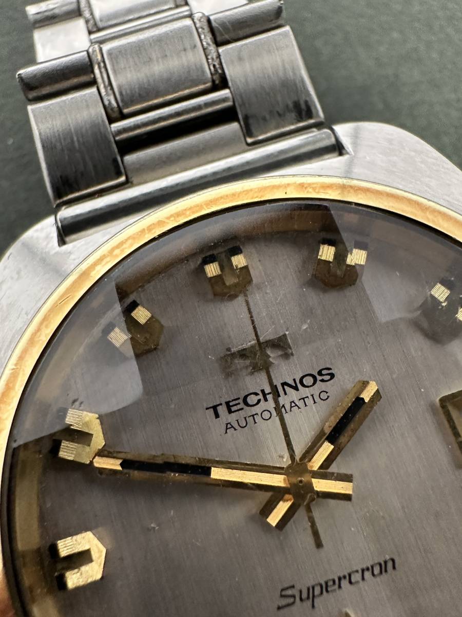 ★コレクター必見！！ TECHNOS AUTOMATIC Supercron テクノス スーパークロン カットガラス 自動巻き ビンテージ 腕時計 動作品 Th112308_画像2