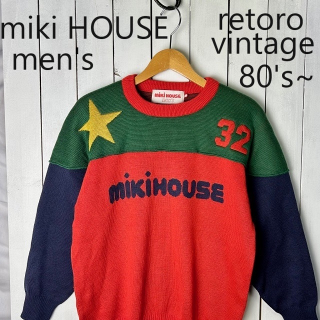 国産レトロ古着 80s～90s miki HOUSE 配色切替え ロゴニットセーター M