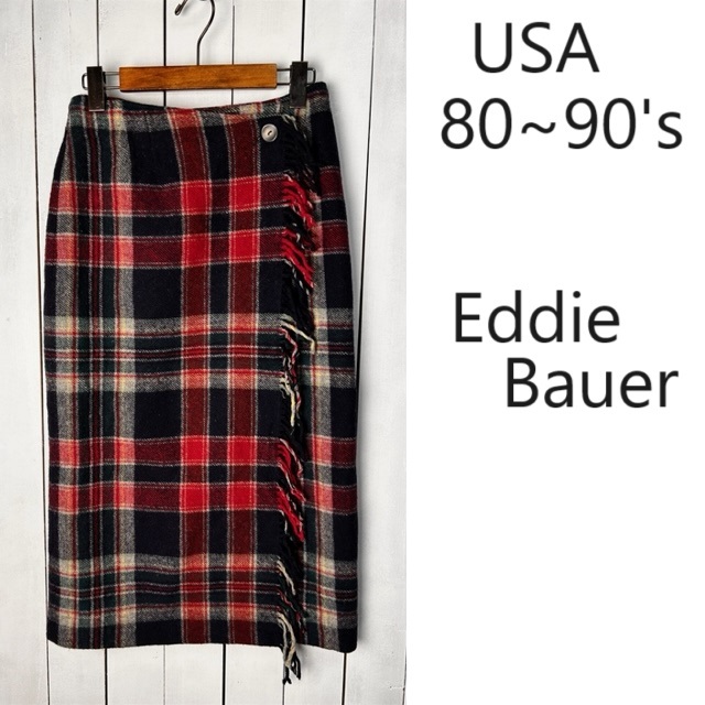 USA古着 80s～90s USA製 Eddie Bauer チェックウールラップロングスカート 4 ヴィンテージ オールド アメリカ エディーバウアー SM ●321