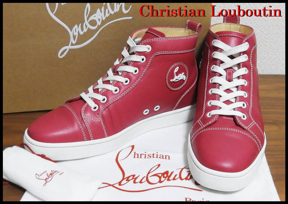 正規品 Christian Louboutin ルイスフラット クリスチャンルブタン メンズ ハイカット スニーカー 41 ピンク シクラメン 白 美品 レザー EU_画像1