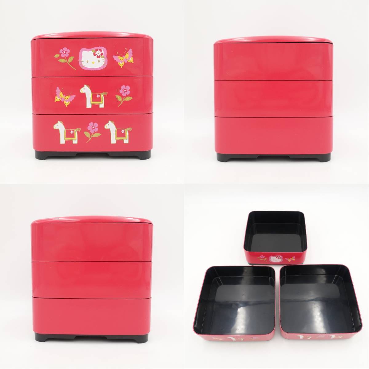 ハローキティ 重箱 2002 3段 赤 ピンク お弁当箱 収納 小物入れ グッズ 2点セット Sanrio サンリオ/13286_画像7