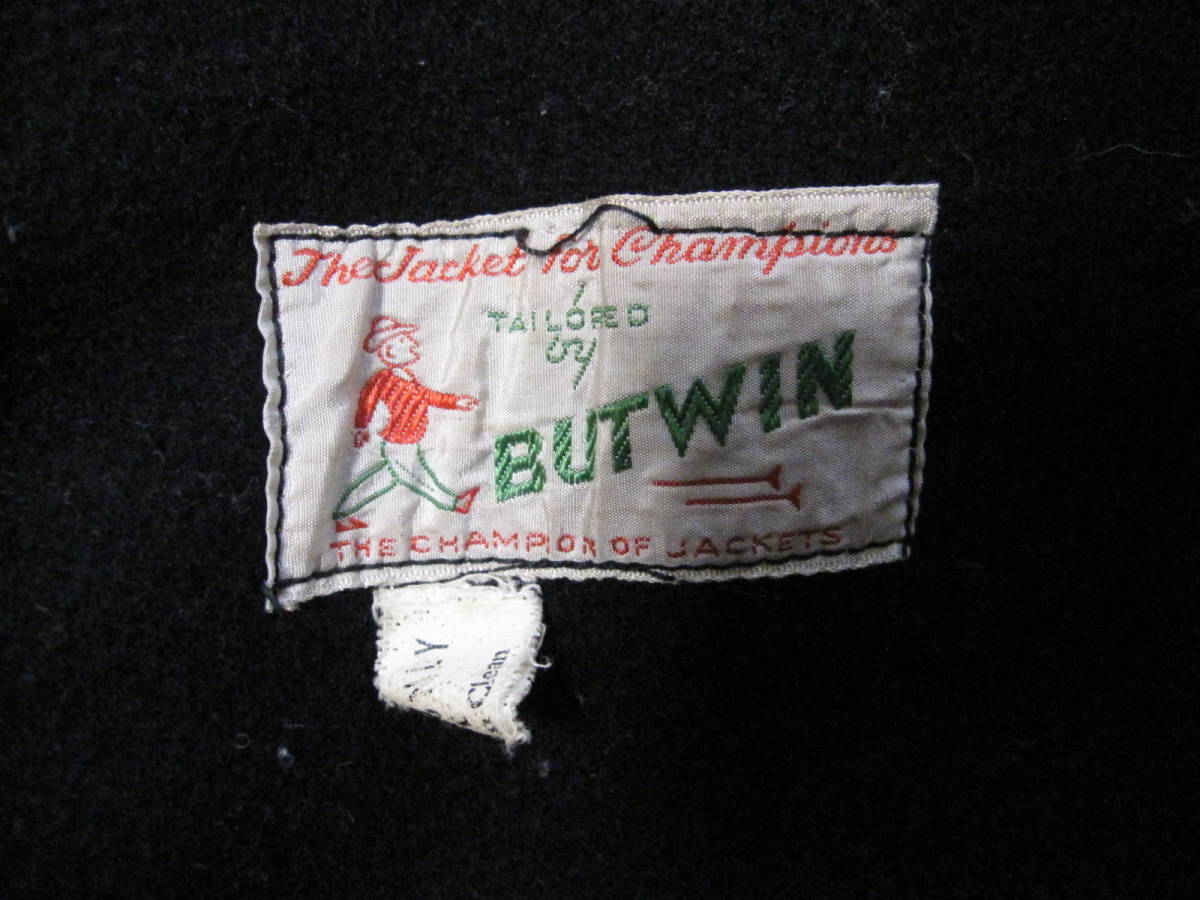 ビンテージ　50s BUTWIN ウール ワッペン付 ブルゾン スタジャン ブラック メンズM-L程度 USED_画像2