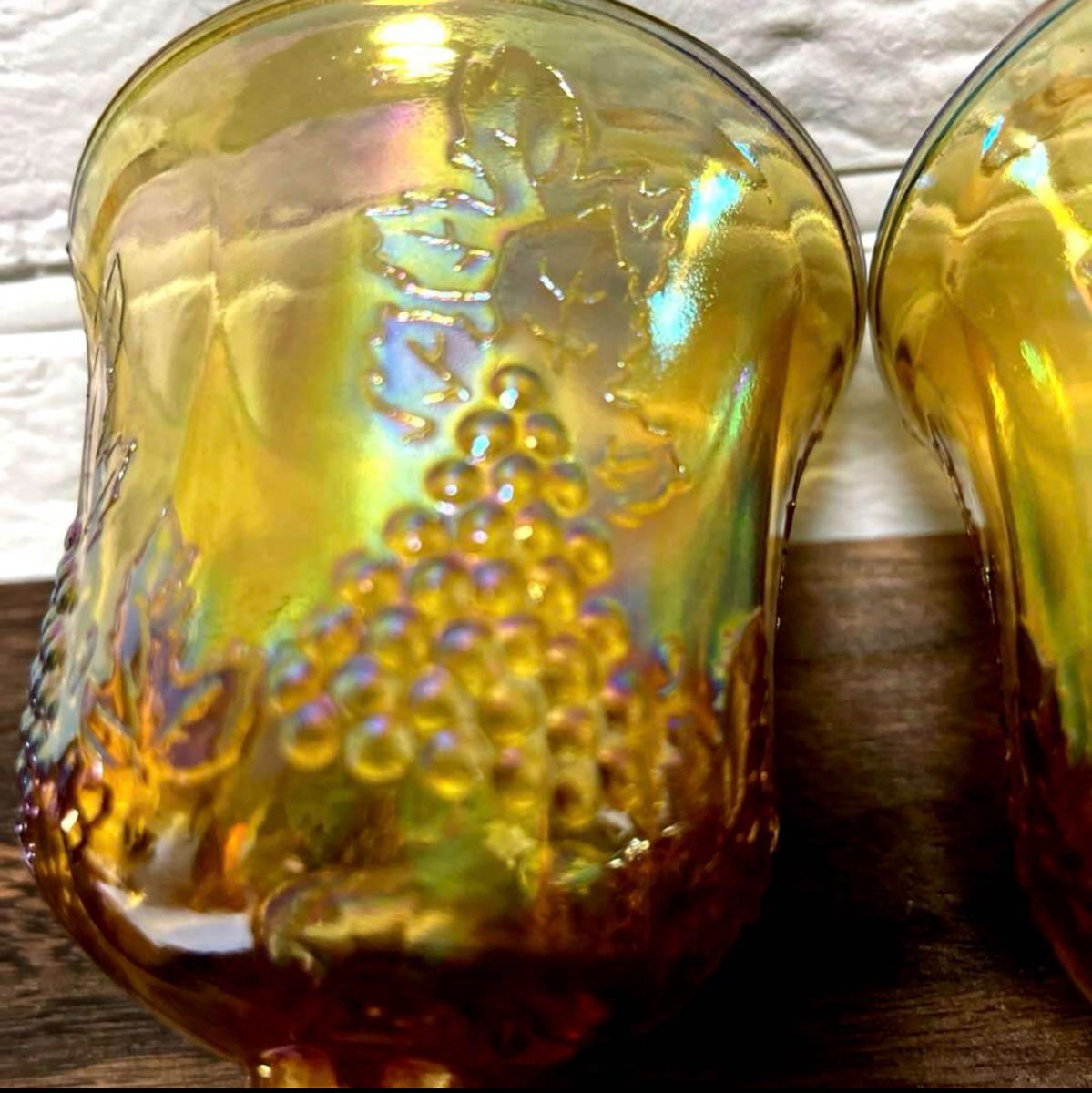Indiana Carnival Glass ハーベスト　葡萄柄グラス2点セット　アンバー　ビンテージ　ワイングラス　ゴブレット