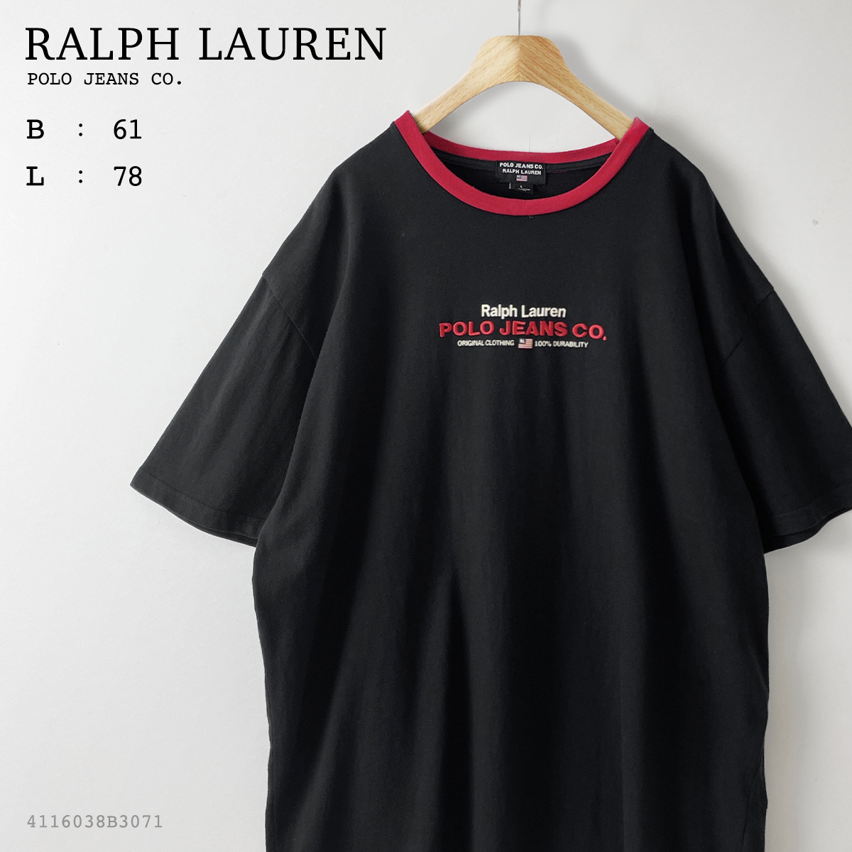 RALPH LAUREN メンズ XXL 2XL 相当 ポロジーンズ 半袖 ボックス ロゴ 刺繍 リンガー Tシャツ 黒 ブラック 赤 レッド 丸首 オーバーサイズ L