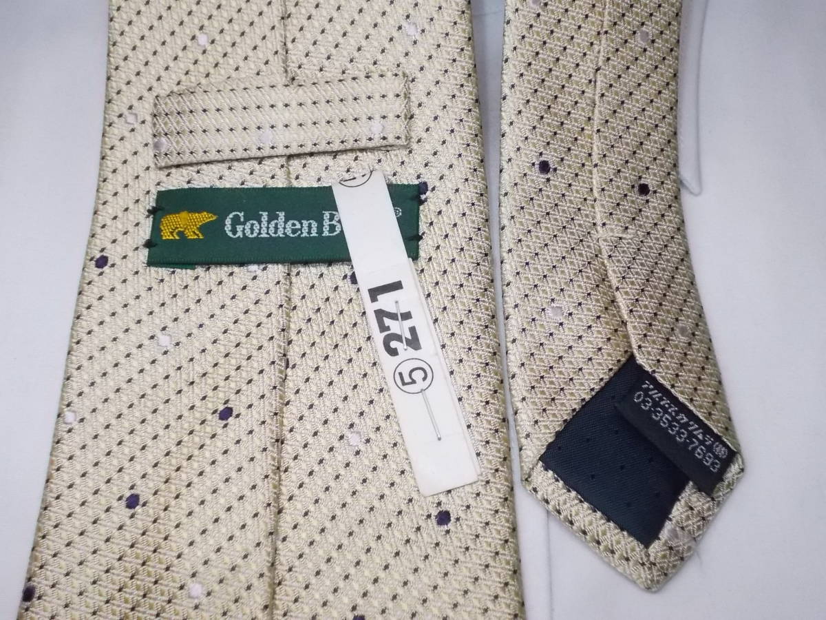 a215◆Golden Bear ネクタイ◆ゴールデンベアーネクタイシルクベージュ色系クリーニング済みストライプ×ピンドット 5K_画像2