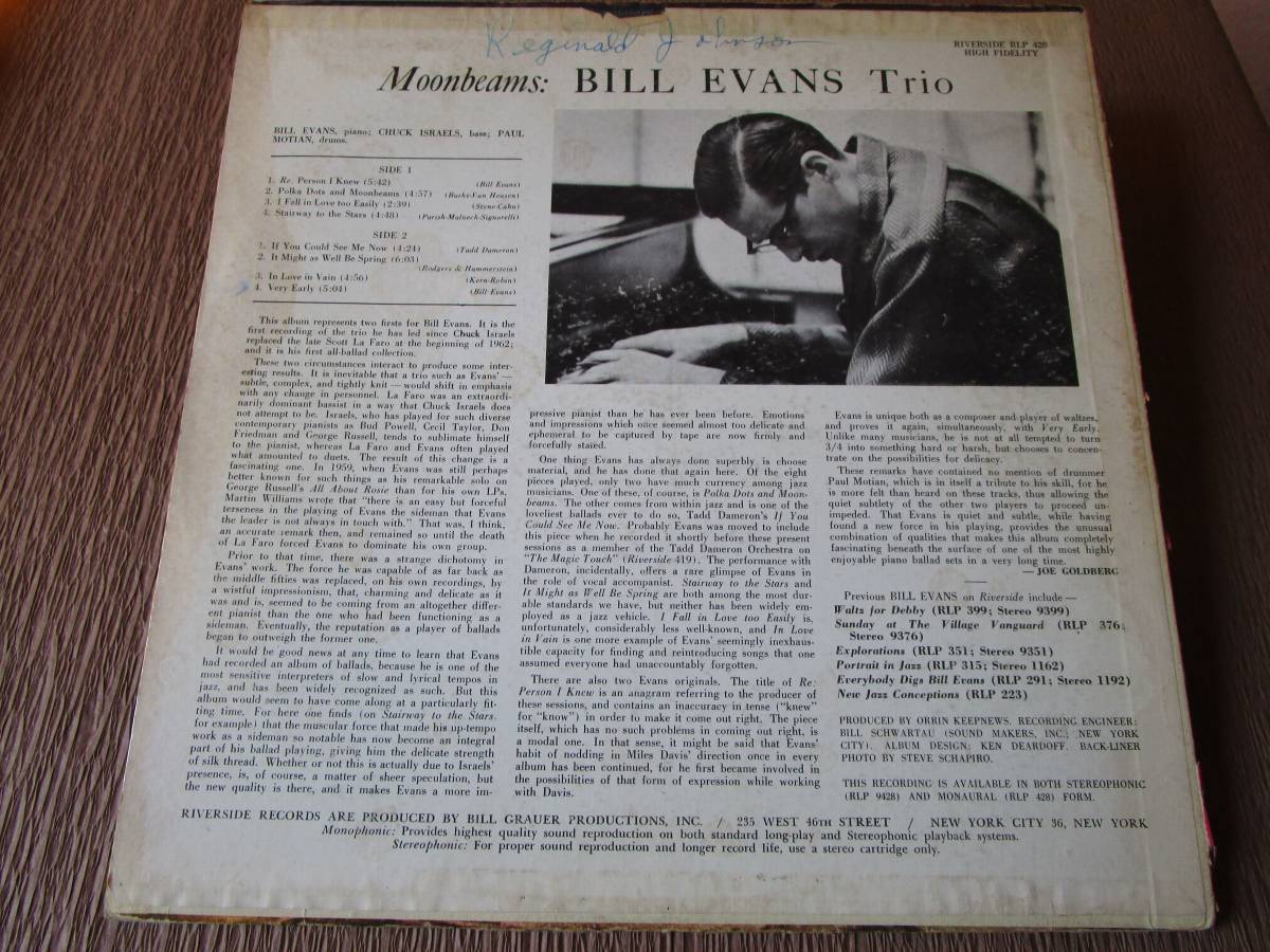 ☆　Bill Evans Trio「Moonbeams」　USAオリジナルモノラル盤/LP　リバーサイド_画像3