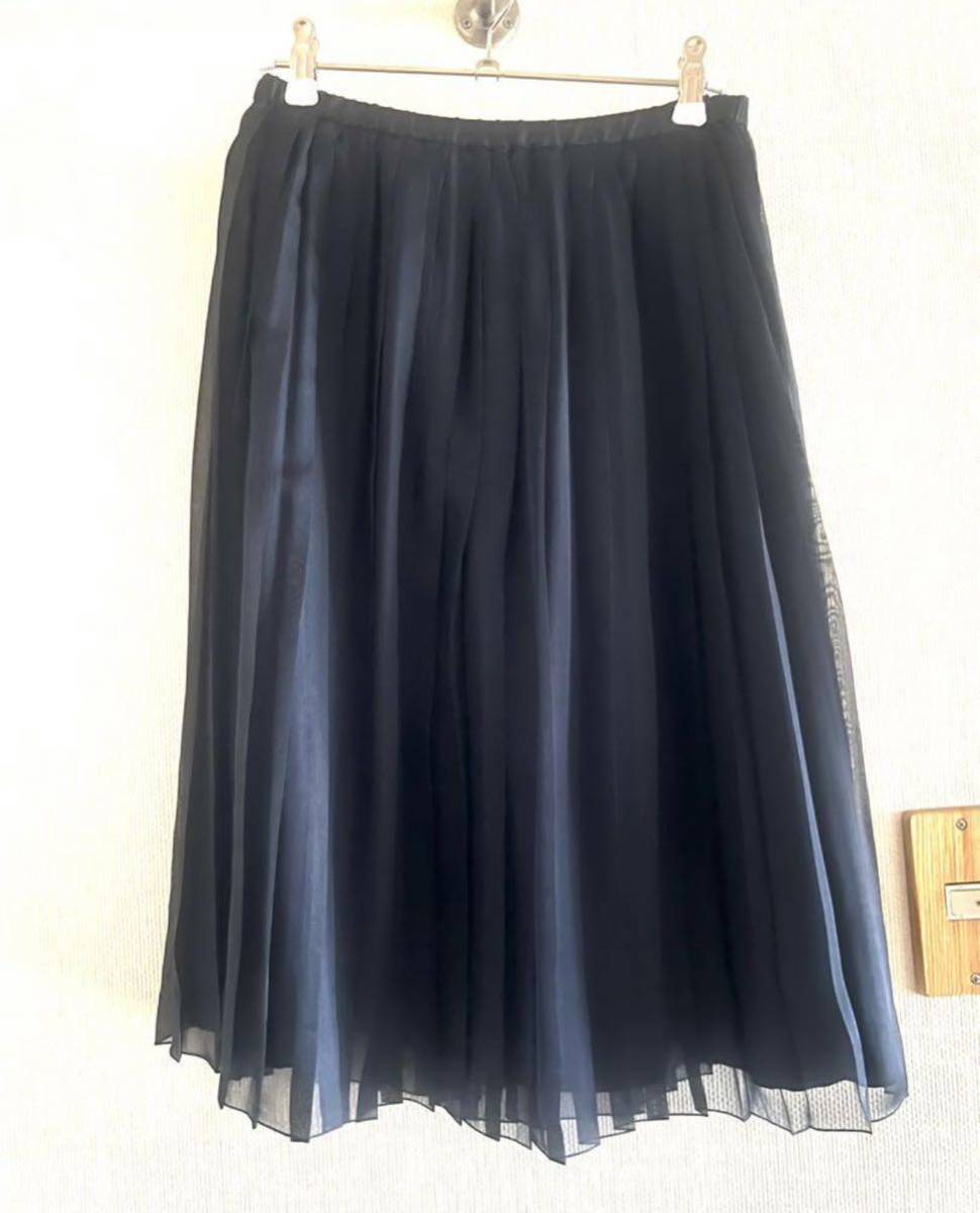 【初売り】 ロングスカート シルク 38 ネイビー シルクプリーツスカート ドゥロワー プリーツスカート シルク シフォン Mサイズ