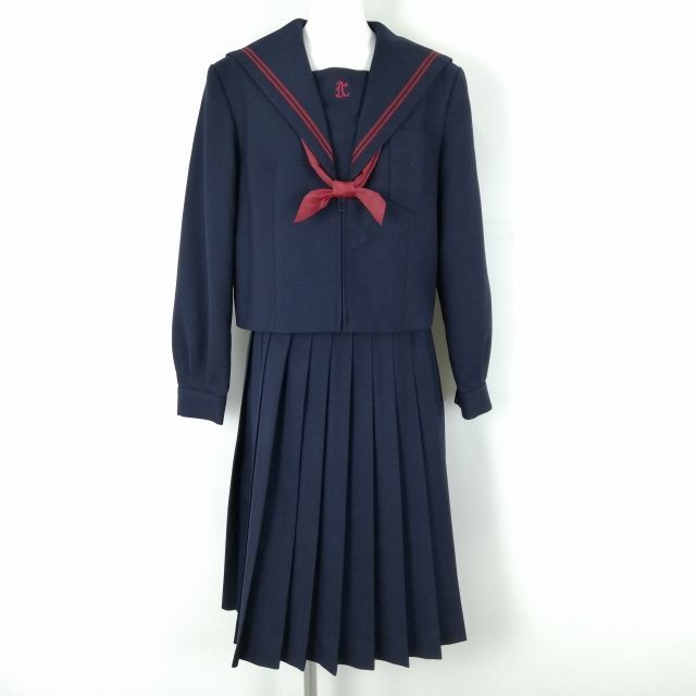 1円 セーラー服 スカート 上下3点セット 165A 大きいサイズ トンボ 冬物 赤2本線 女子 学生服 大分中津中学 紺 中古 ランクC NA3078_画像1