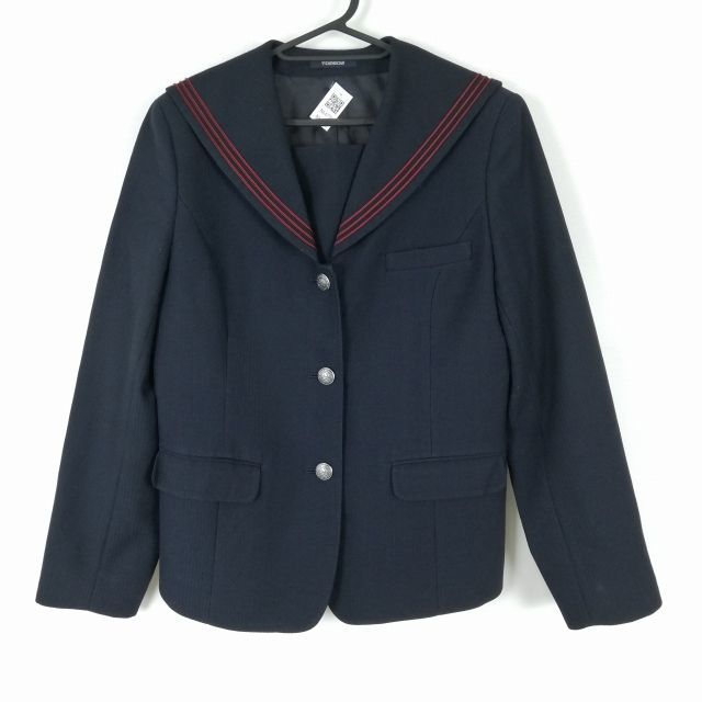 1円 セーラー服 上着 170A トンボ 冬物 赤3本線 女子 学生服 大阪早稲田摂陵中学高校 紺 制服 中古 ランクC NA4775_画像1