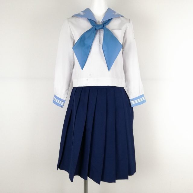 1円 セーラー服 スカート スカーフ 上下3点セット 130A 中間服 白3本線 女子 学生服 高知学園 白 制服 中古 ランクC NA5434_画像1