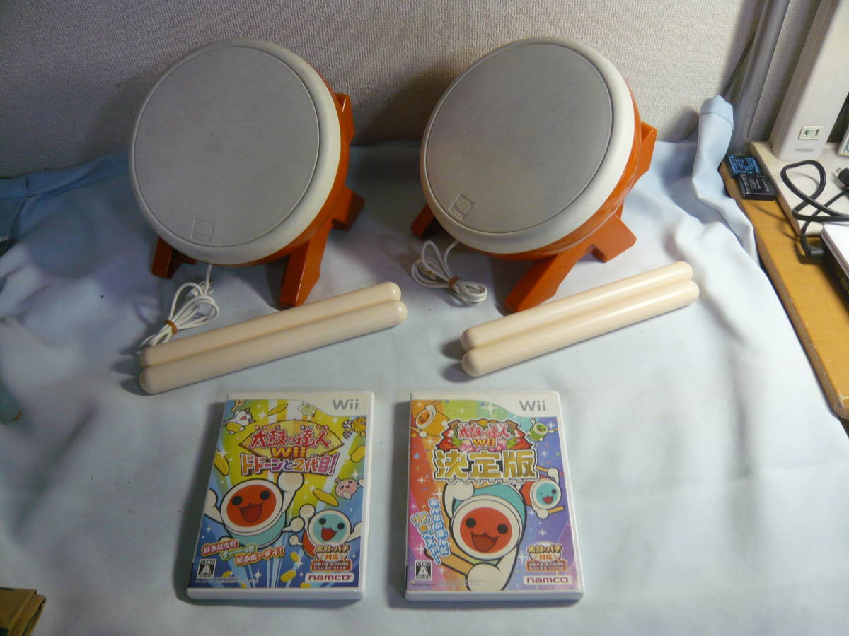 任天堂　Wii 周辺機器　タタコン　太鼓の達人　太鼓とバチ 2個 + ソフト2枚　中古_画像1