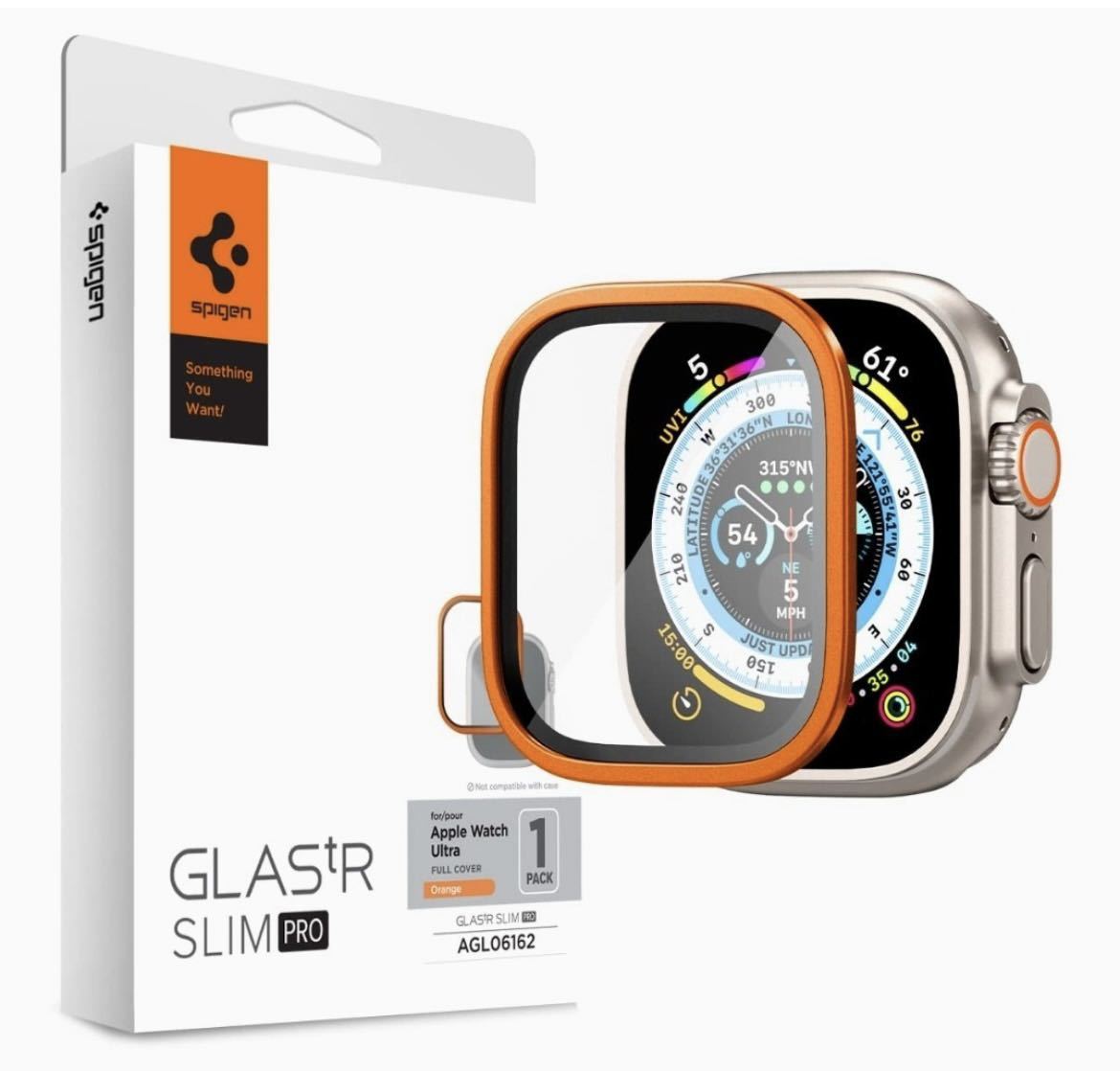 Spigen Glas tR Slim Pro 保護バンパー ガラスフィルム Apple Watch Ultra 49mm 用 アルミニウム枠 一体型 保護 フィルム オレンジ 1枚_画像1