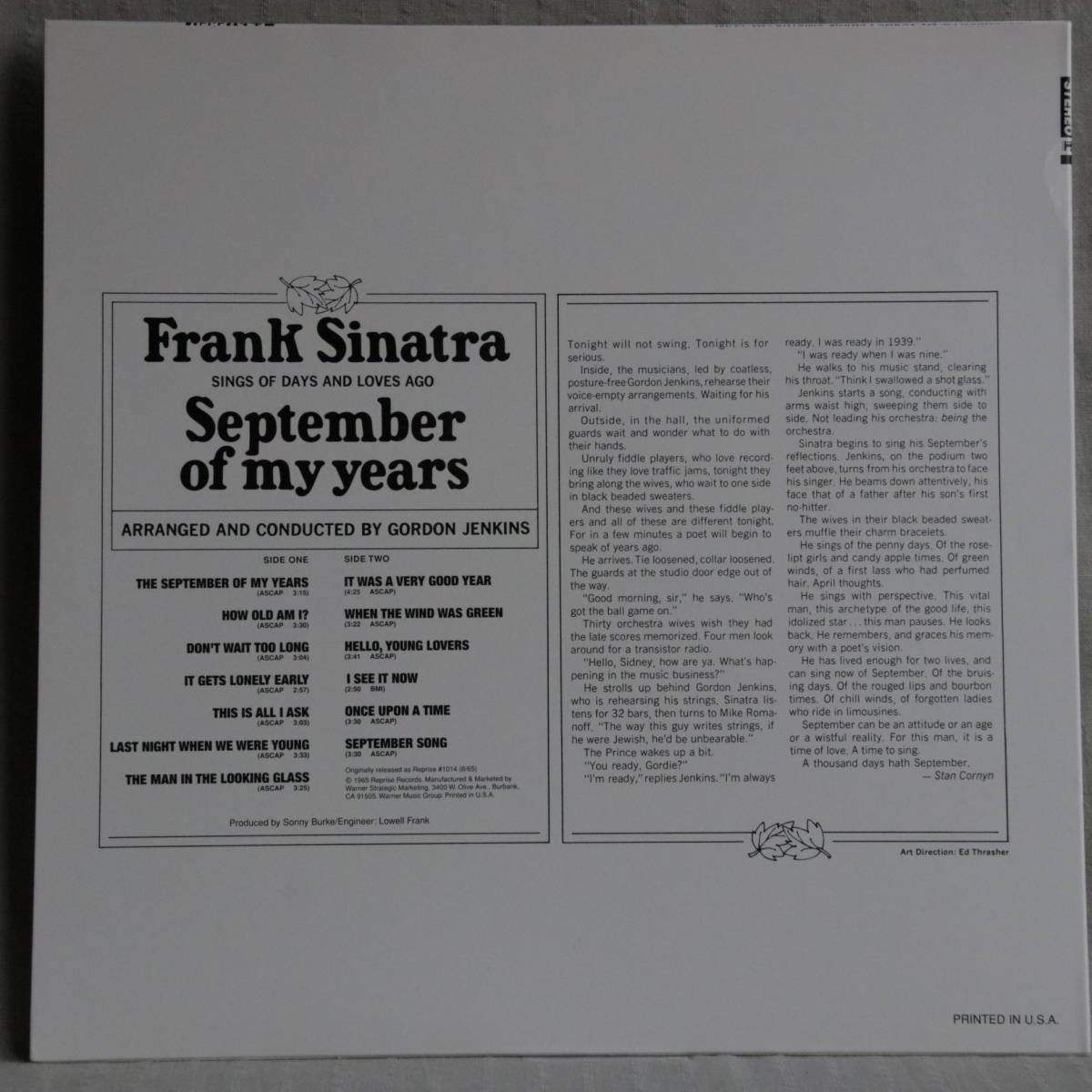 Frank Sinatra ／ September of my years　（１８０g重量盤）レコード番号：R1 73799（米reprise）_画像2