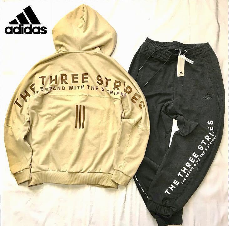 ▼新品 【メンズL】茶ブラウン adidas アディダス 上下セット THREE STRIPES セットアップ ジップアップ パーカー スウェットパンツ_画像1