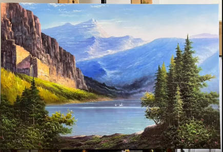 手描きの油絵、風景画、山水画、60×90センチメートル