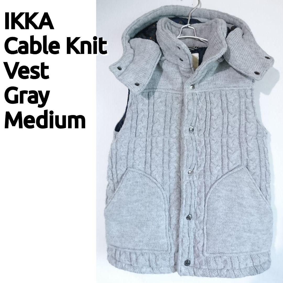 ■IKKA/ケーブル編み中綿ベスト/グレー/ペイズリー/イッカ/Medium/アウターベスト/ジャケットベスト