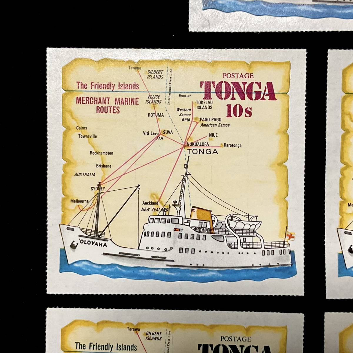 トンガ王国発行「南太平洋の地図とオロバハ」５枚 シール式切手 １９７２年４月１４日発行_画像3