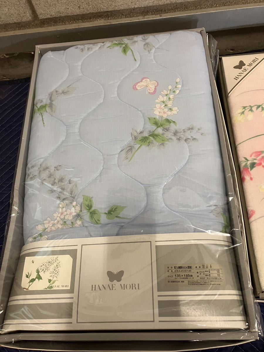 Y タオ１★未使用★HANAE MORI ウインターシーツ 掛け布団 ブルー/青 ピンク 花柄 蝶 西川 寝具 当時物 ギフト 未検品 現状_画像3