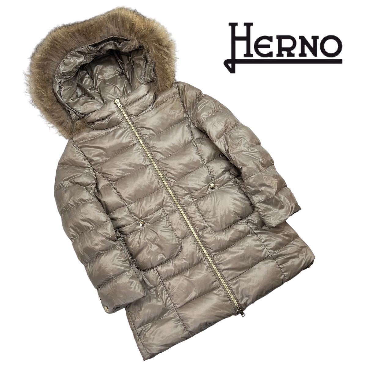 定価約10万 美品 HERNO ヘルノ ファーダウンコート サイズ8A(キッズ130cm) ベージュ イタリア製 細かな汚れ.スレ有 上質 女の子向け A2863_画像1