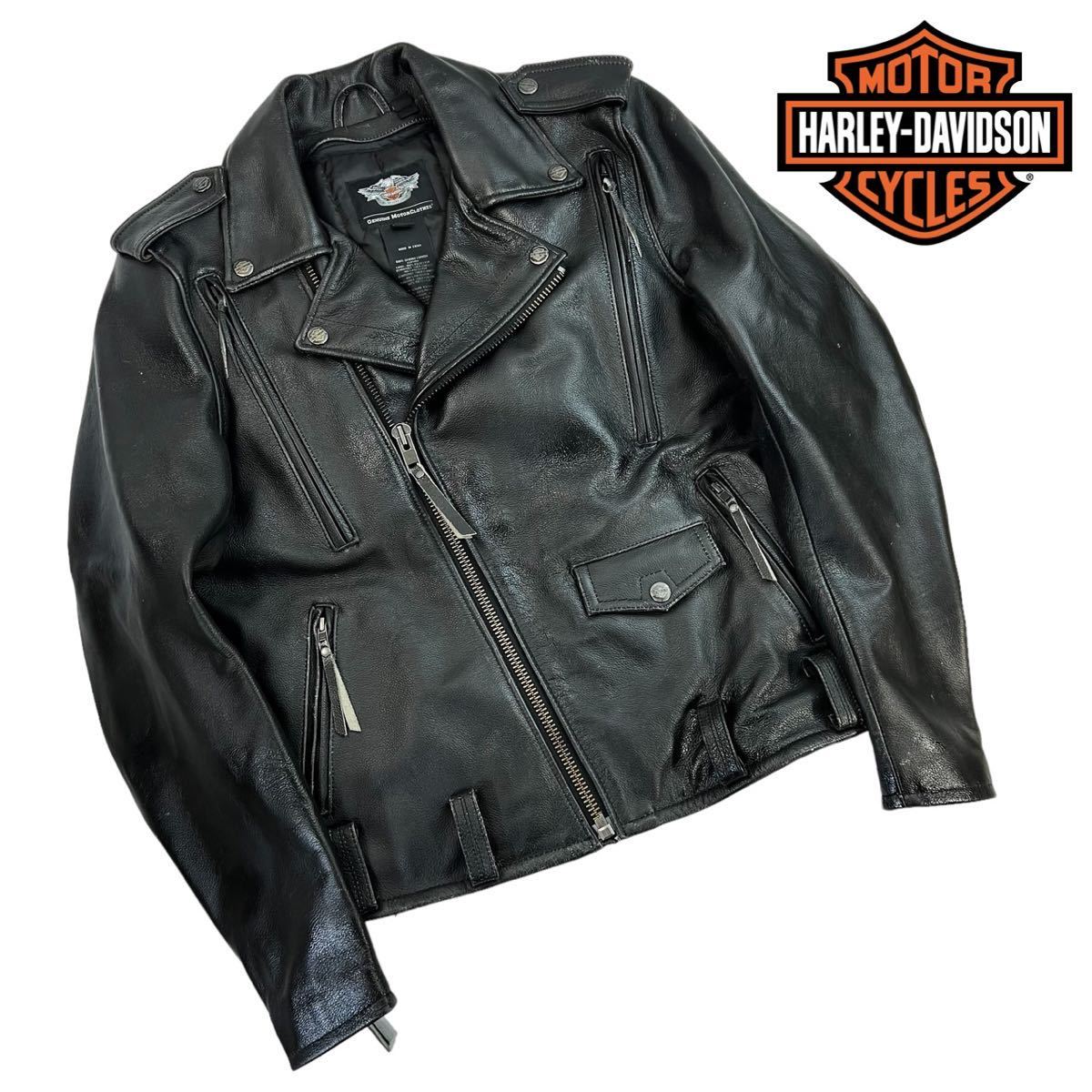 美品 HARLEY DAVIDSON ハーレーダビッドソン ダブルライダースジャケット サイズS 牛革 ビッグシルエット 細かなスレ有 染色加工 A2935_画像1