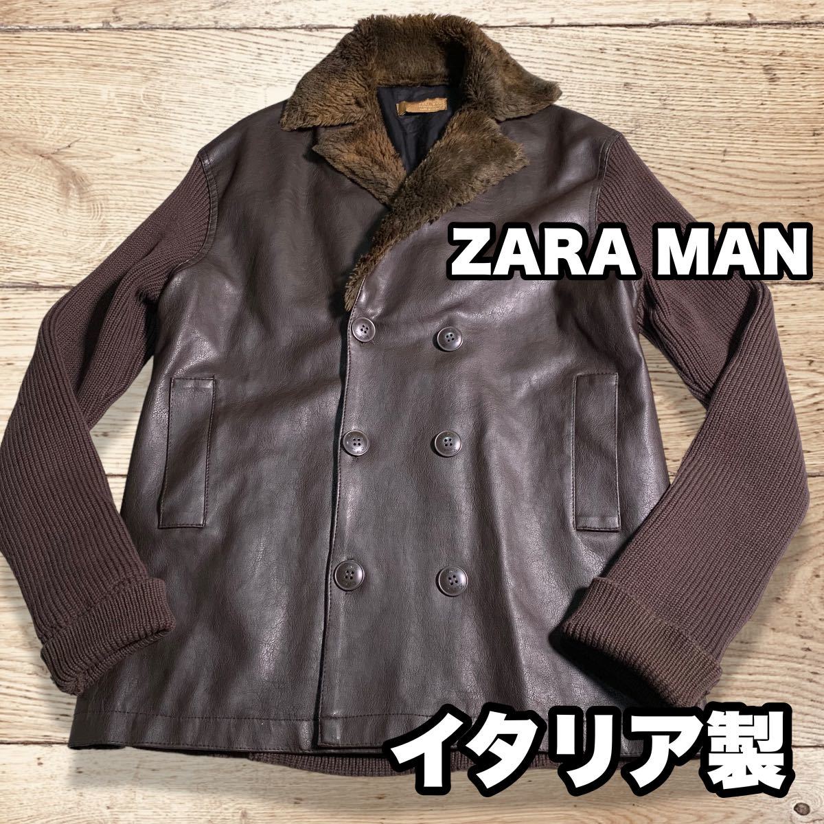 ZARA MAN XLサイズ イタリア製 ニットブルゾン ダブル ジャケット フェイクレザージャケット ファーブルゾン ダブルブレスト_画像1