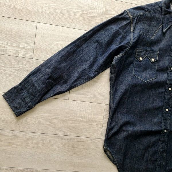 LEVIS VINTAGE CLOTHING リーバイス 美品 USA製 555 バレンシア工場 1950s ショートホーン BigE 復刻 8.5oz デニムウエスタンシャツ L 濃紺_画像6