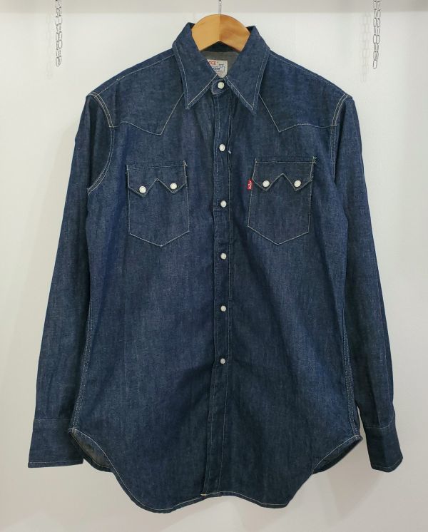 LEVIS VINTAGE CLOTHING リーバイス 美品 USA製 555 バレンシア工場 1950s ショートホーン BigE 復刻 8.5oz デニムウエスタンシャツ L 濃紺_画像2