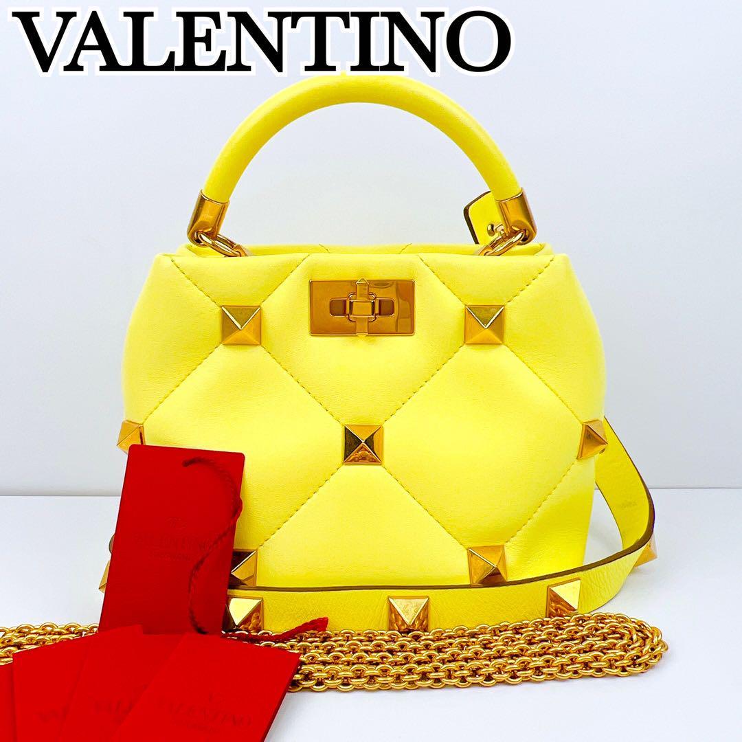 美品 Valentino ヴァレンティノ・ガラヴァーニ 2WAY ハンドルバッグ ショルダーバッグ イエロー 黄色 チェーン ロックスタッズ ストーン