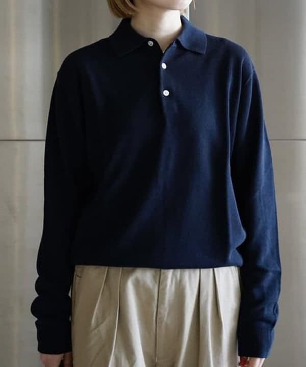 BEAMS PLUS / 12 gauge knitted polo-shirt M navy blue 