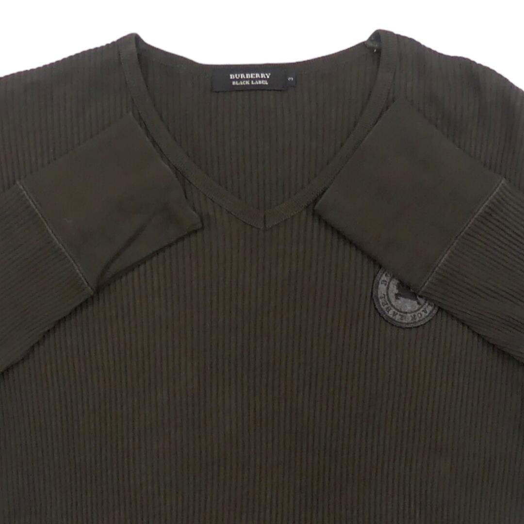 即決★BURBERRY BLACK LABEL★メンズL 廃版 Tシャツ バーバリーブラックレーベル 3 茶 Vネックカットソー 長袖 刺繍