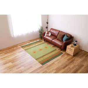 【新品】ラグマット 絨毯 約140×200cm グリーン アンシュ ウール100％ ホットカーペット 床暖房対応 手織りウールのキリム リビング