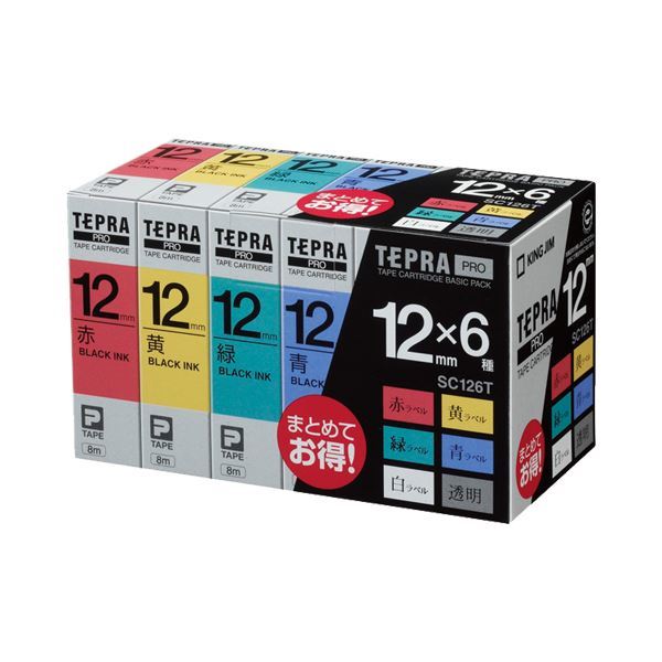 【新品】(まとめ）キングジム テプラ PRO テープカートリッジ ベーシックパック 12mm 赤・黄・緑・青・白・透明/黒文字 SC126T 1パック