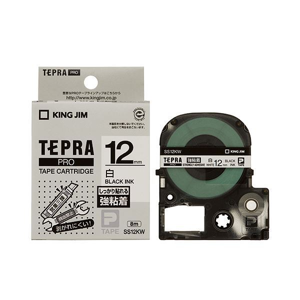【新品】(まとめ) キングジム テプラ PRO テープカートリッジ 強粘着 12mm 白/黒文字 SS12KW 1個 【×10セット】