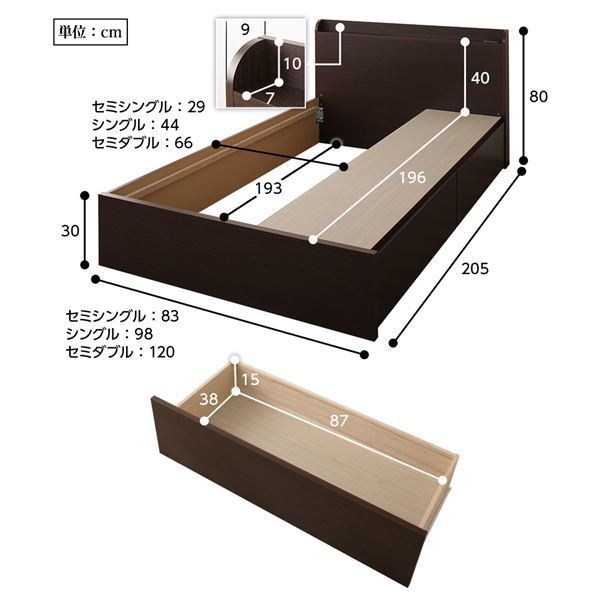 【新品】〔組立設置サービス付き〕 薄型宮付き 頑丈ボックス収納 ベッド セミシングル フレームのみ ダークブラウン 日本製 引き出し2杯_画像5