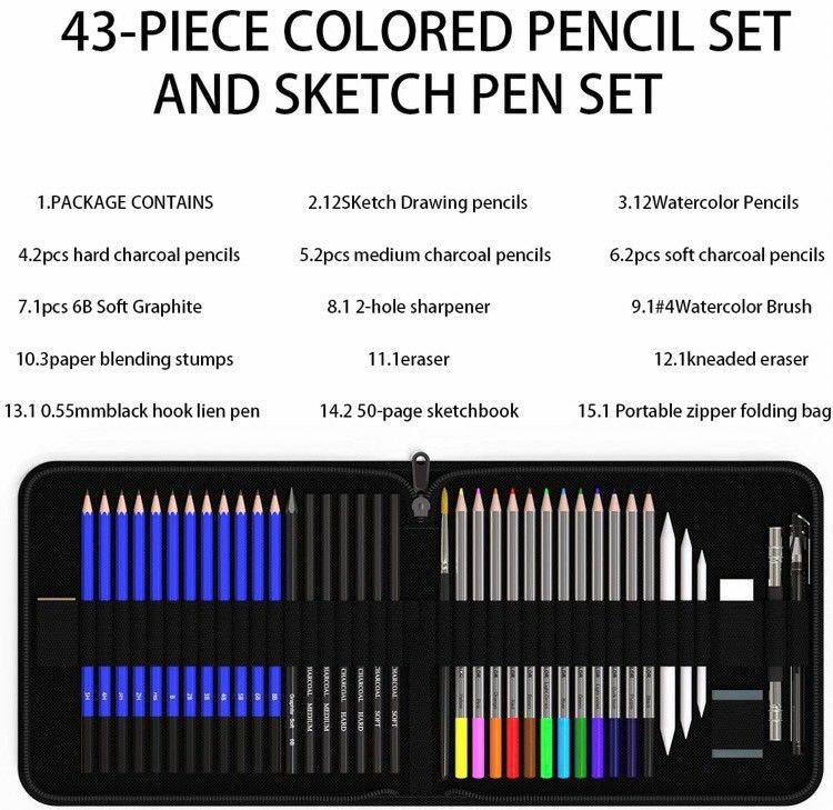 プロ用 色鉛筆 鉛筆 デッサン 43点 セット スケッチ ブック 