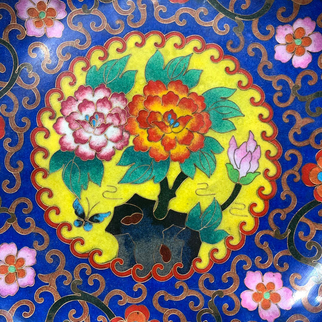 蔵友館蔵品・銅製・景泰藍・琺瑯彩・花開富貴紋・供盤】・希少 蔵友館蔵品・銅製・景泰藍・琺瑯彩・花開富貴紋・供盤】・希少
