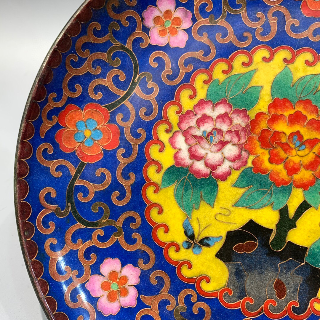 蔵友館蔵品・銅製・景泰藍・琺瑯彩・花開富貴紋・供盤】・希少 蔵友館蔵品・銅製・景泰藍・琺瑯彩・花開富貴紋・供盤】・希少